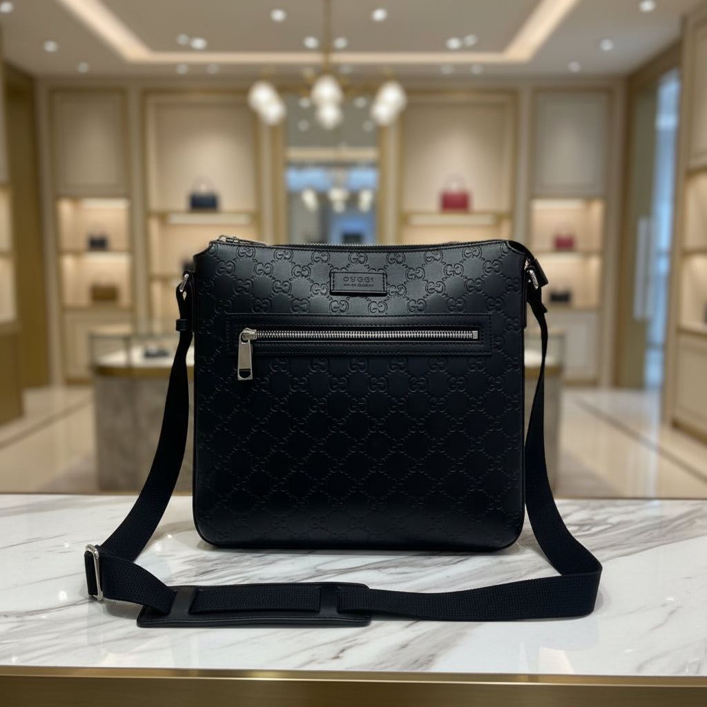 Gucci Guccissima Signature Medium Flat Messenger Bag Black