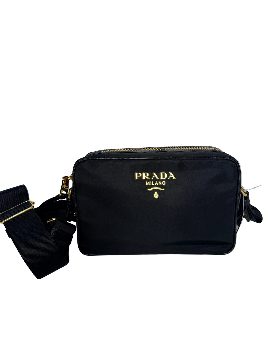 Black Prada handbag with gold accents on a light gray background