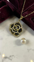 Black and White Diamond Rose Pendant and Chain 18K Yellow Gold