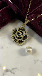 Black and White Diamond Rose Pendant and Chain 18K Yellow Gold