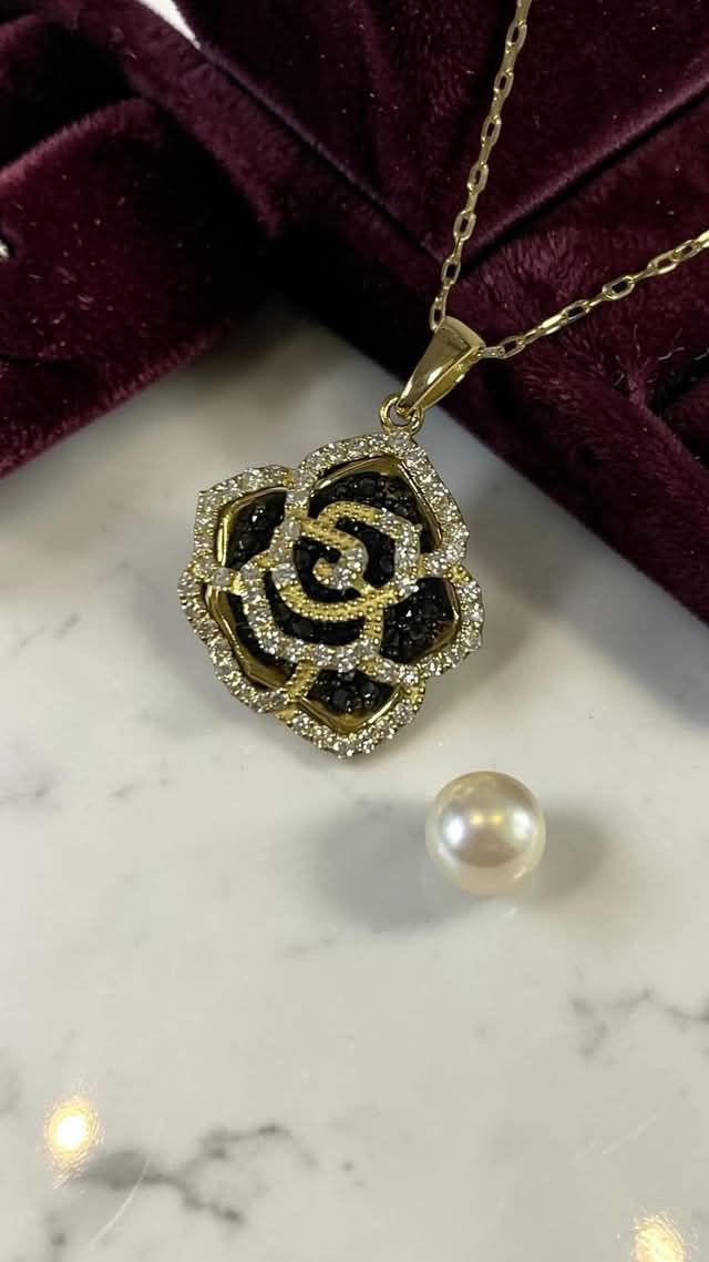 Black and White Diamond Rose Pendant and Chain 18K Yellow Gold