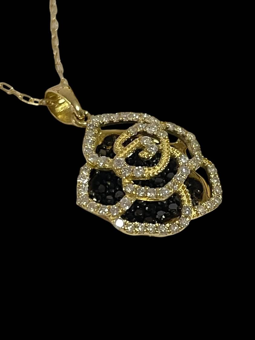 Black and White Diamond Rose Pendant and Chain 18K Yellow Gold