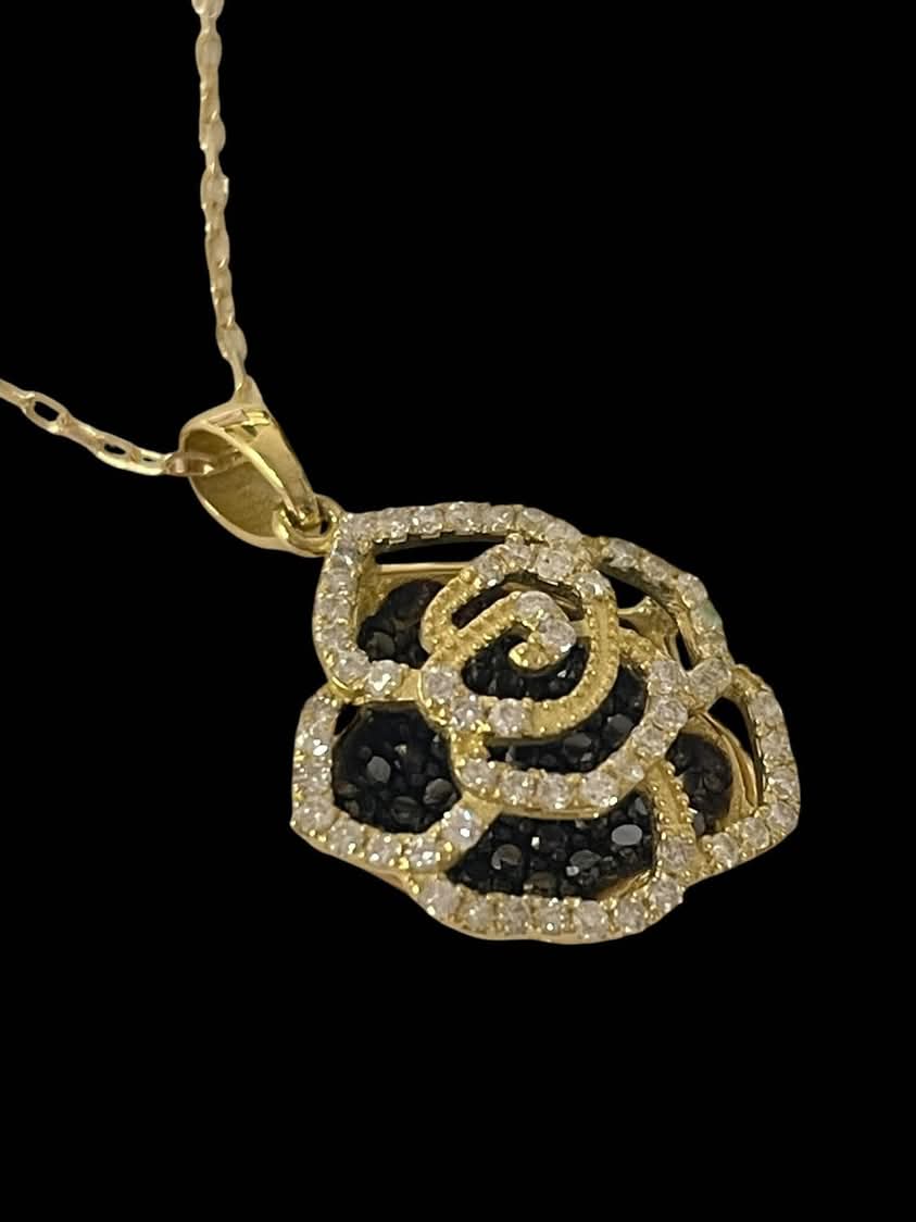 Black and White Diamond Rose Pendant and Chain 18K Yellow Gold