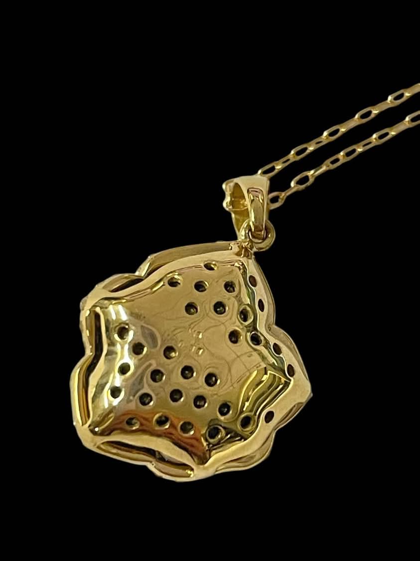 Black and White Diamond Rose Pendant and Chain 18K Yellow Gold