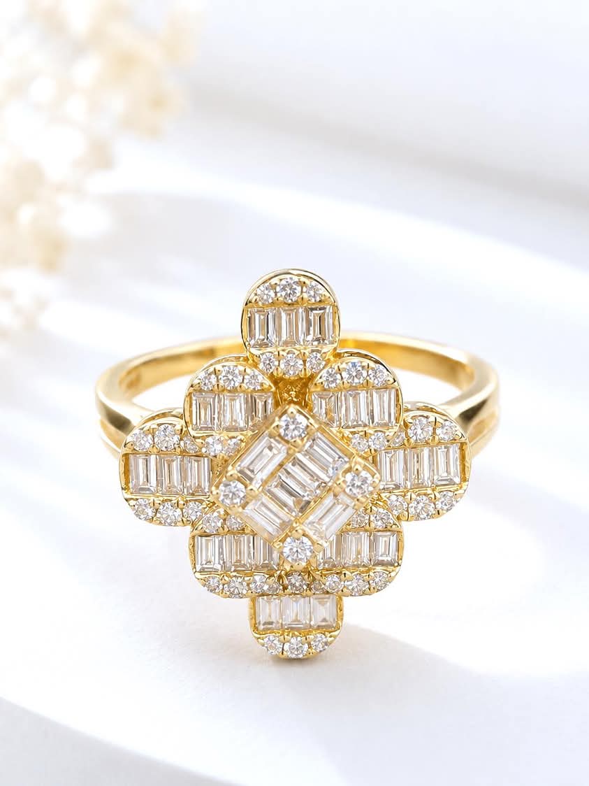 Baguette Cut Cluster Diamond and 18k Yellow Gold Ring